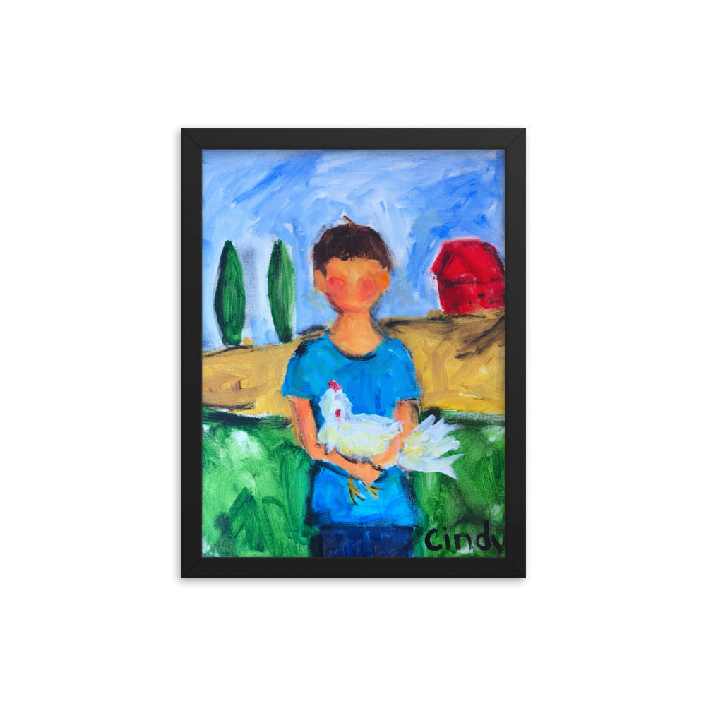 Boy with Chicken By Cindy Motley Framed poster
