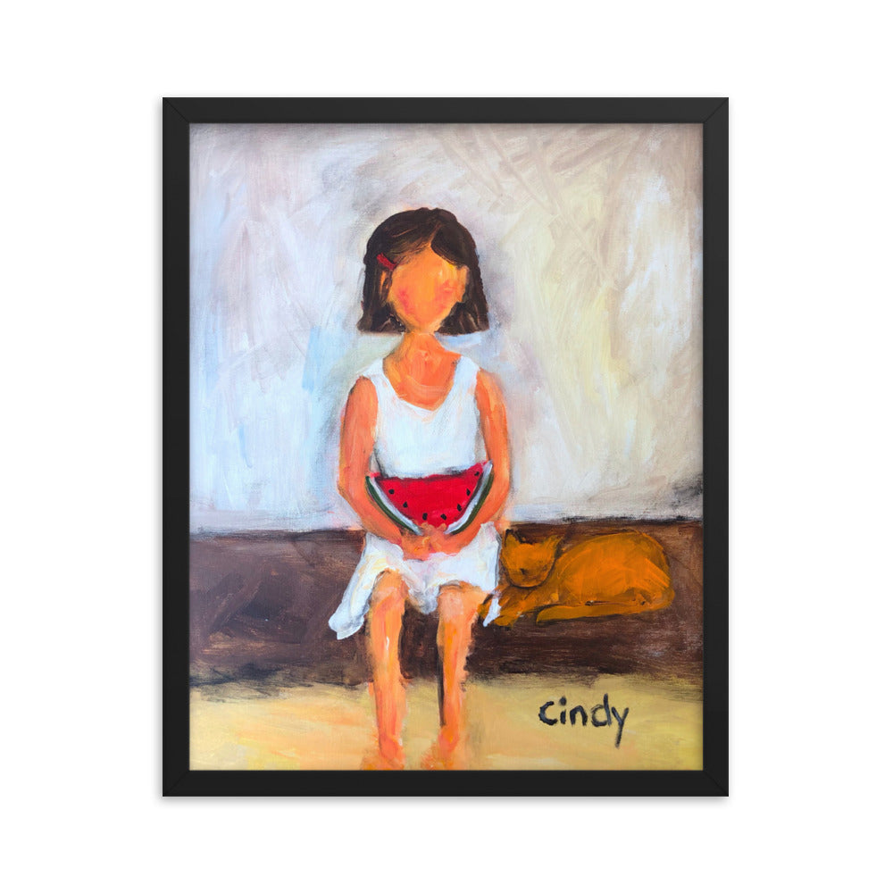 Girl with Watermelon By Cindy Motley Framed poster