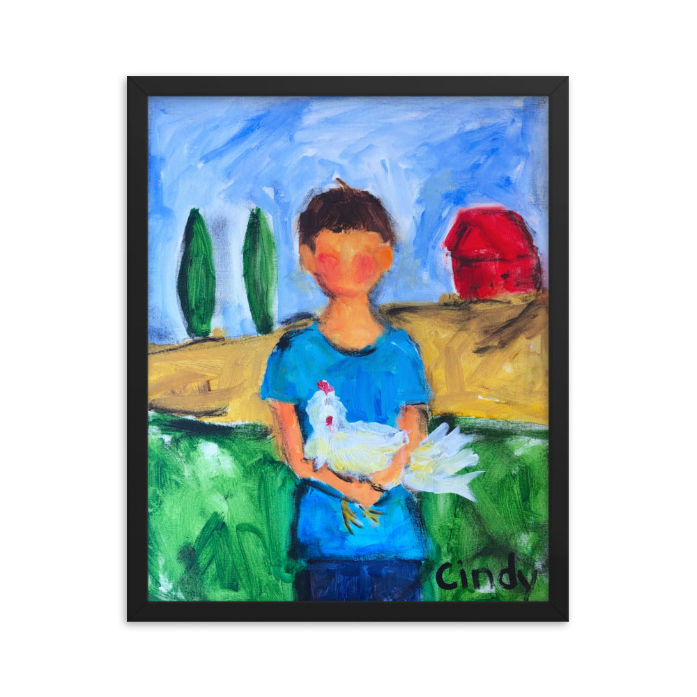 Boy with Chicken By Cindy Motley Framed poster