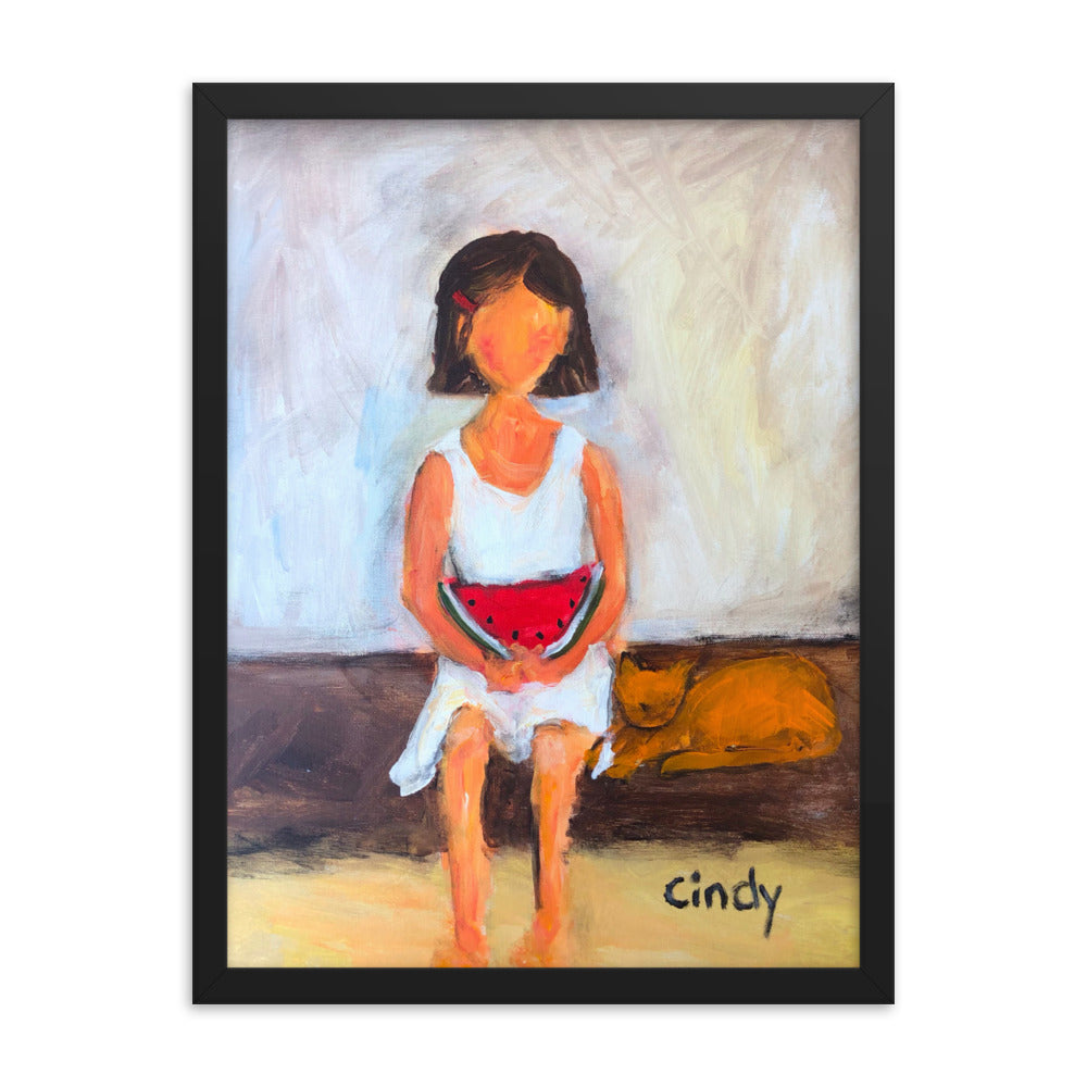 Girl with Watermelon By Cindy Motley Framed poster