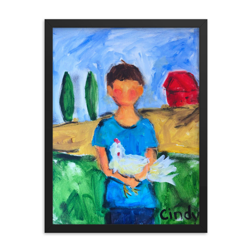 Boy with Chicken By Cindy Motley Framed poster