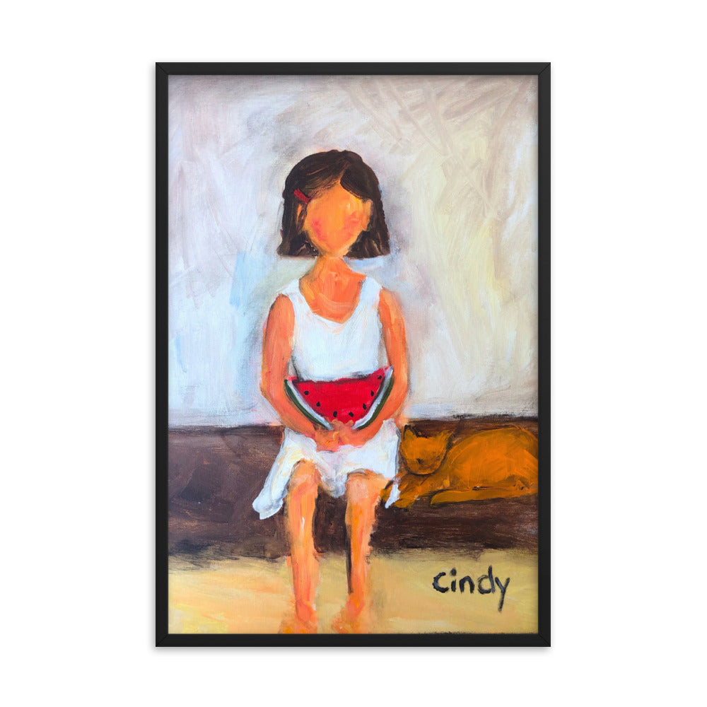 Girl with Watermelon By Cindy Motley Framed poster