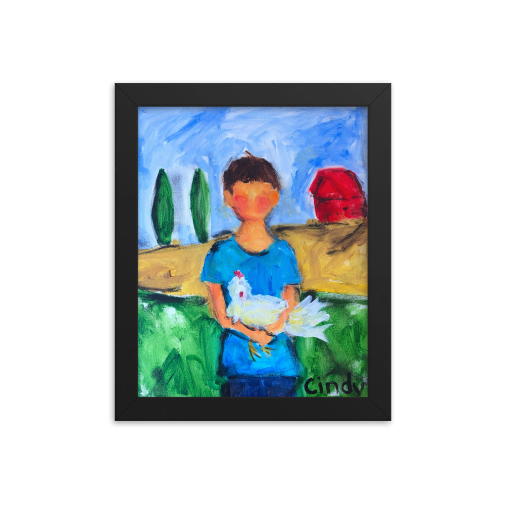 Boy with Chicken By Cindy Motley Framed poster