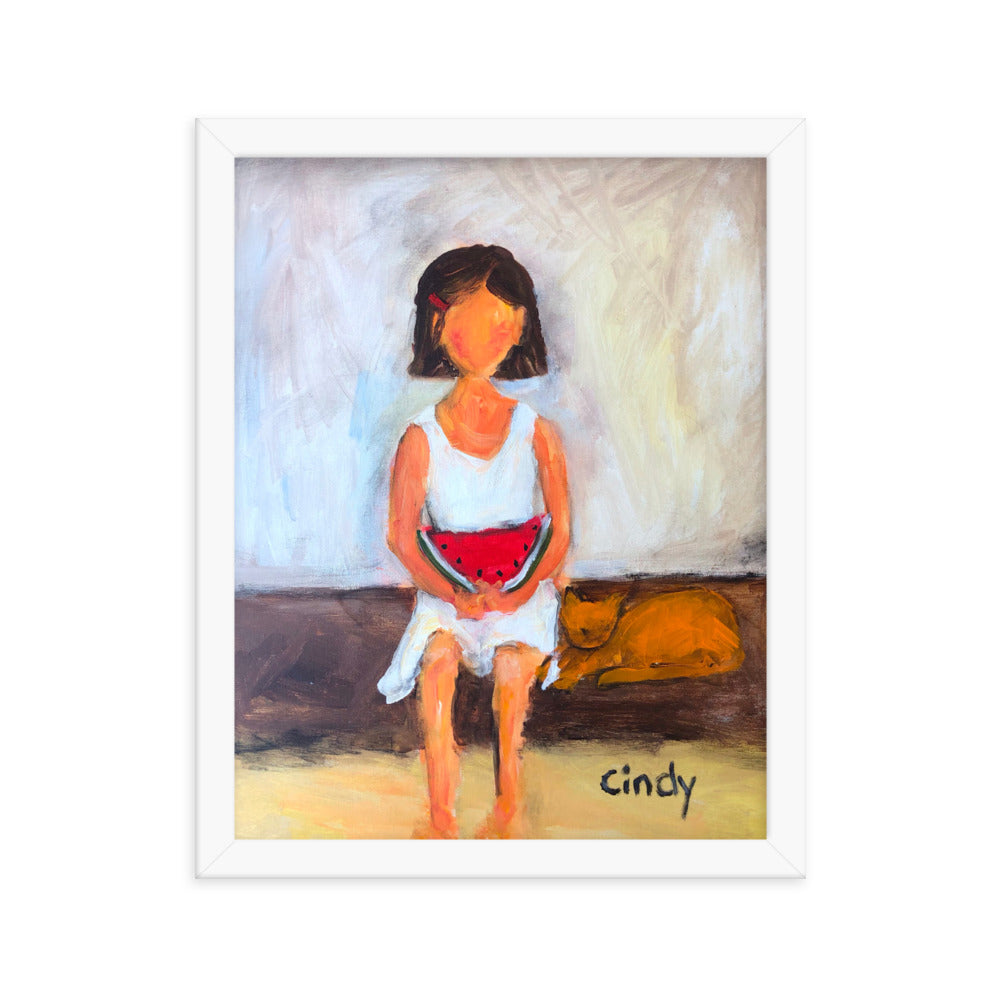 Girl with Watermelon By Cindy Motley Framed poster