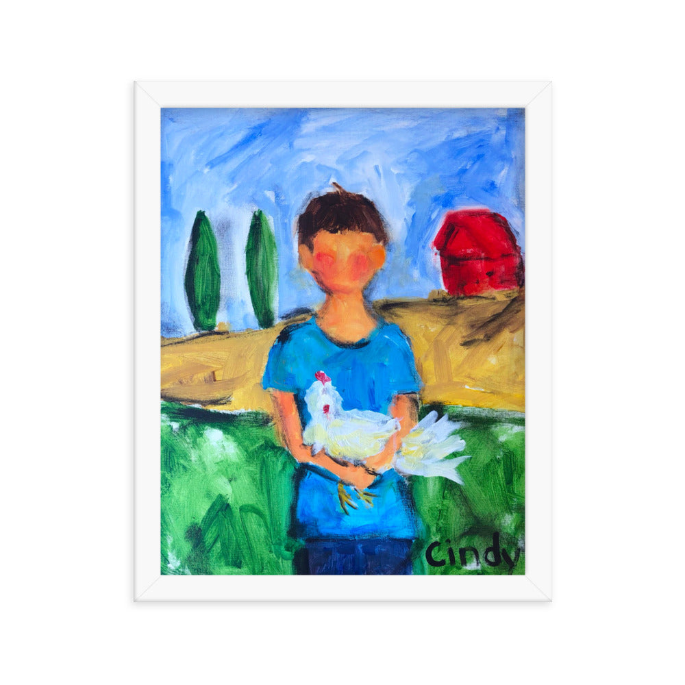Boy with Chicken By Cindy Motley Framed poster