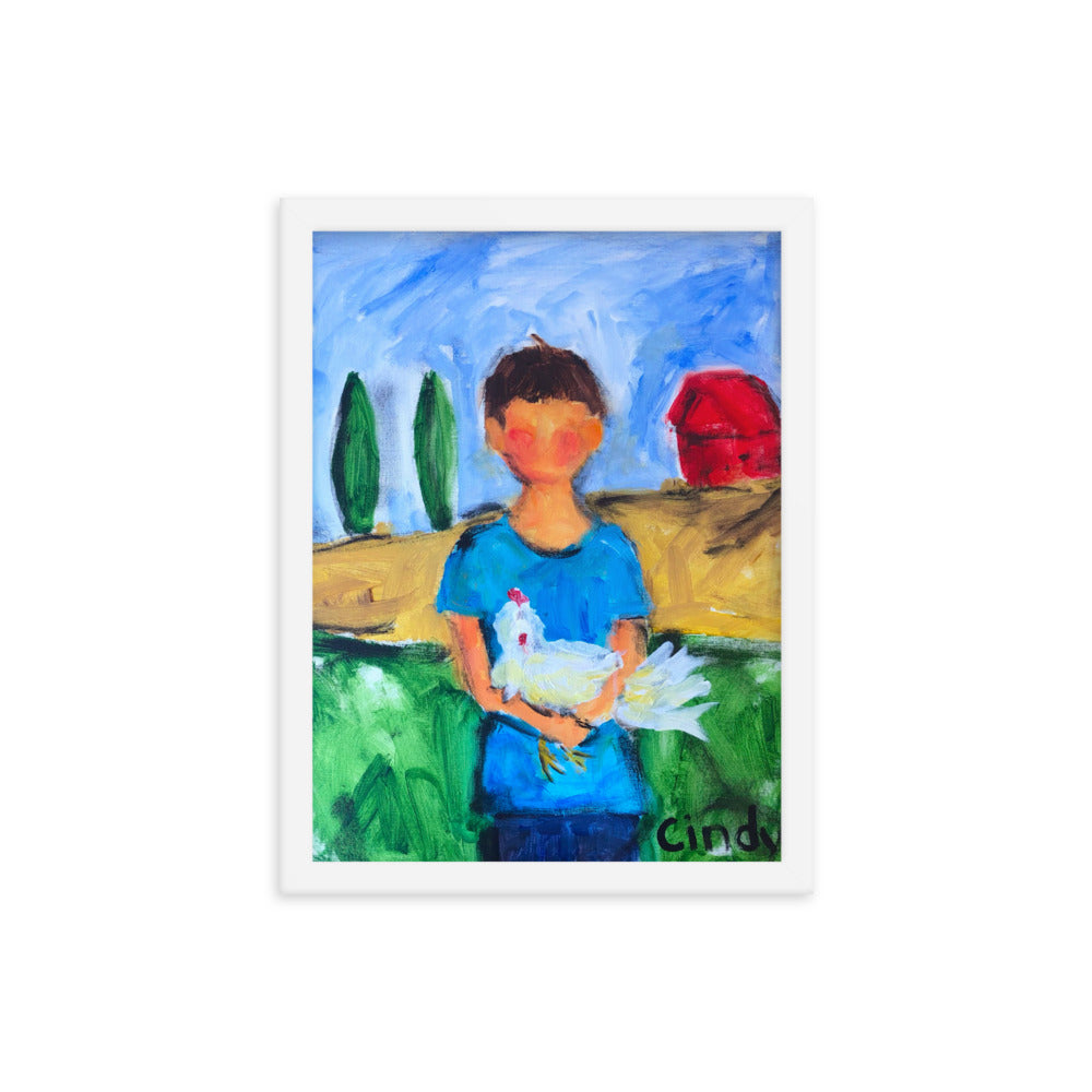 Boy with Chicken By Cindy Motley Framed poster