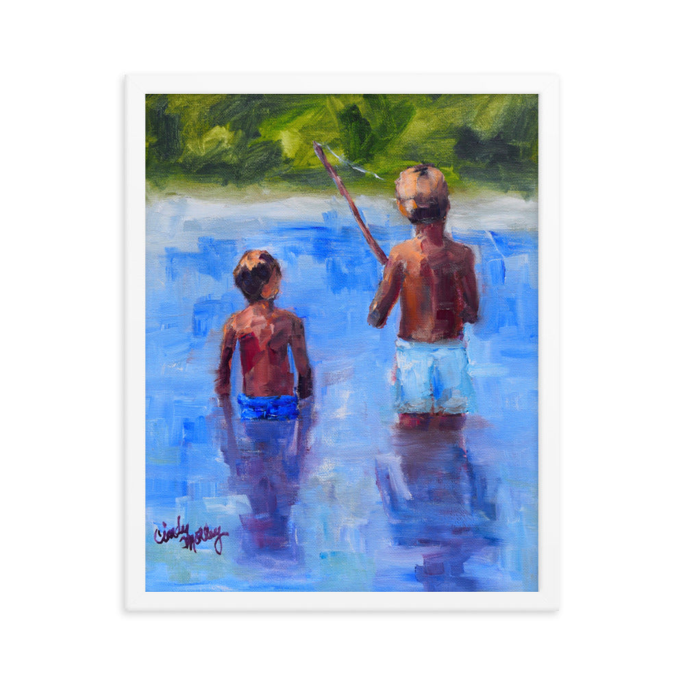 Boys Fishing By Cindy Motley Framed poster