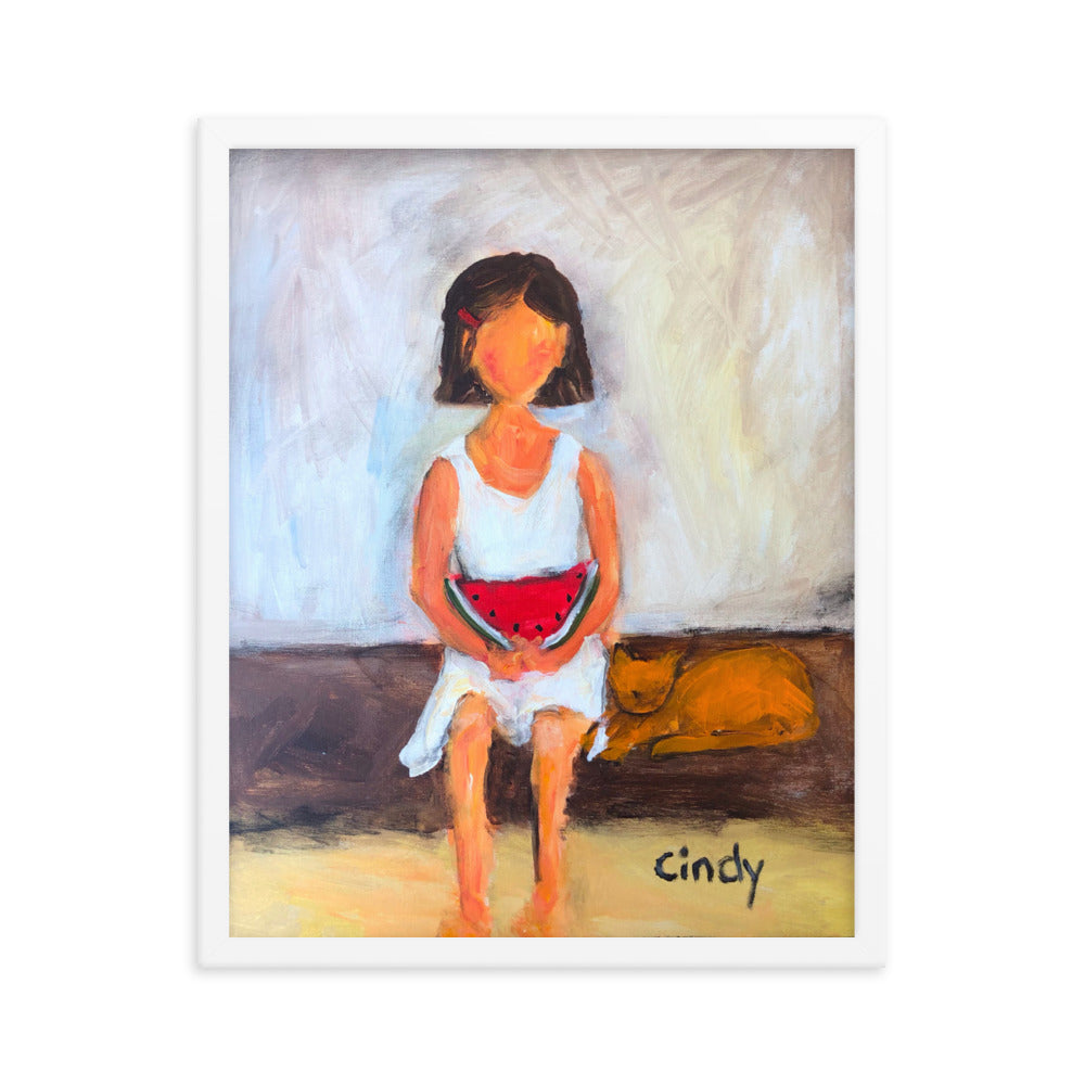 Girl with Watermelon By Cindy Motley Framed poster