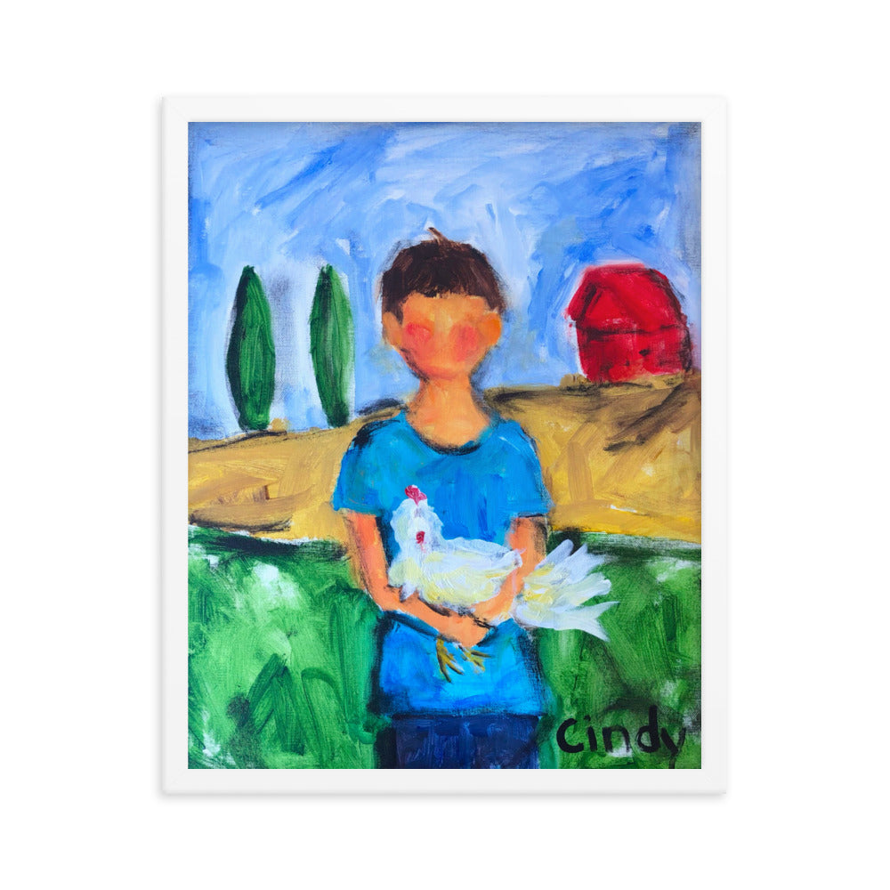 Boy with Chicken By Cindy Motley Framed poster