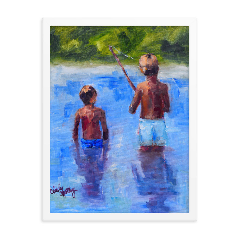 Boys Fishing By Cindy Motley Framed poster
