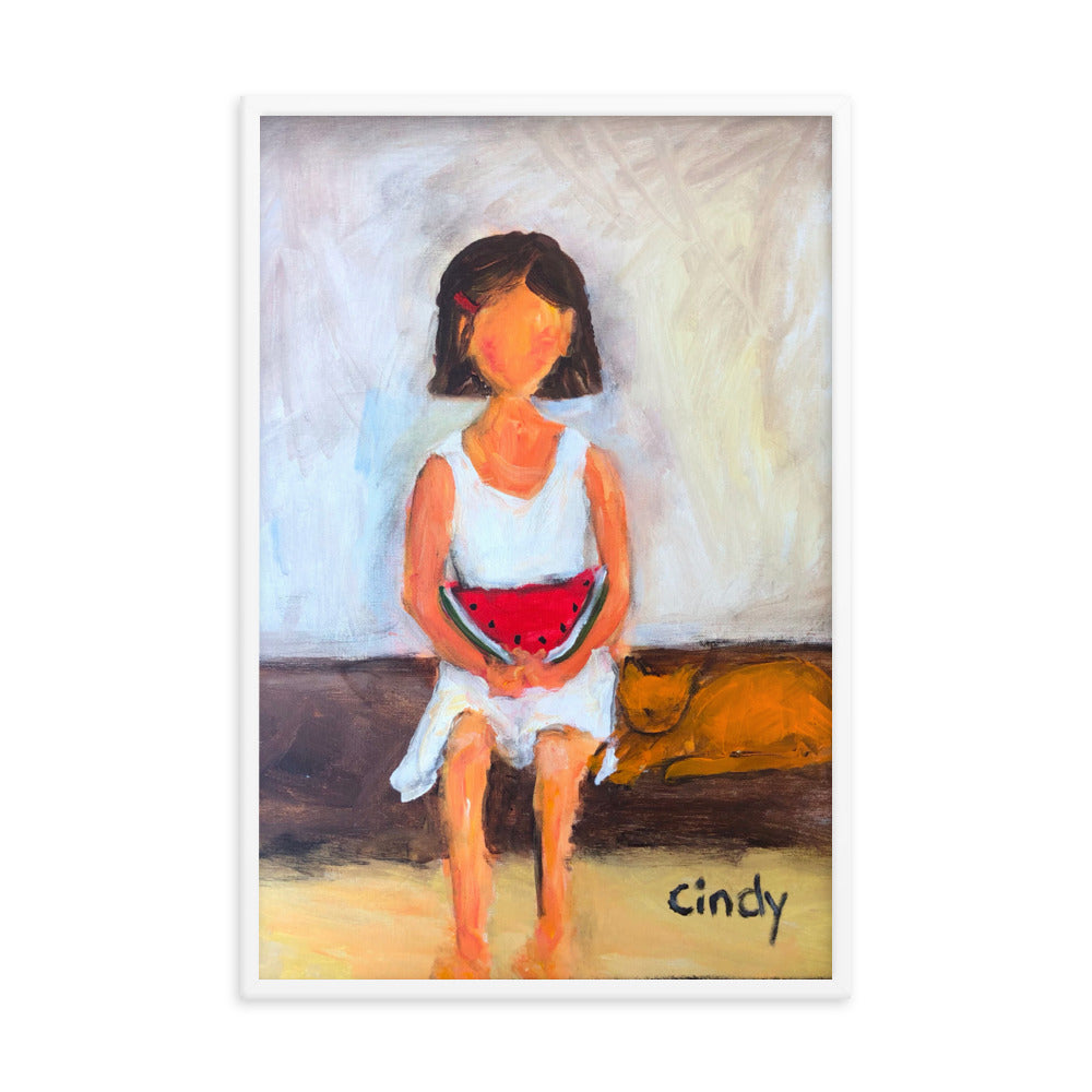 Girl with Watermelon By Cindy Motley Framed poster