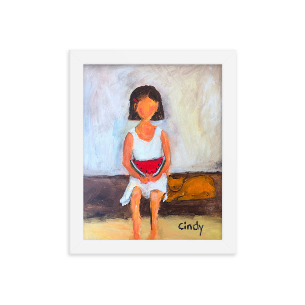 Girl with Watermelon By Cindy Motley Framed poster