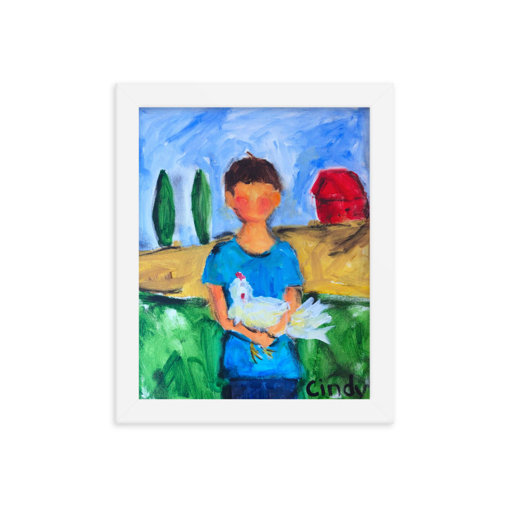 Boy with Chicken By Cindy Motley Framed poster