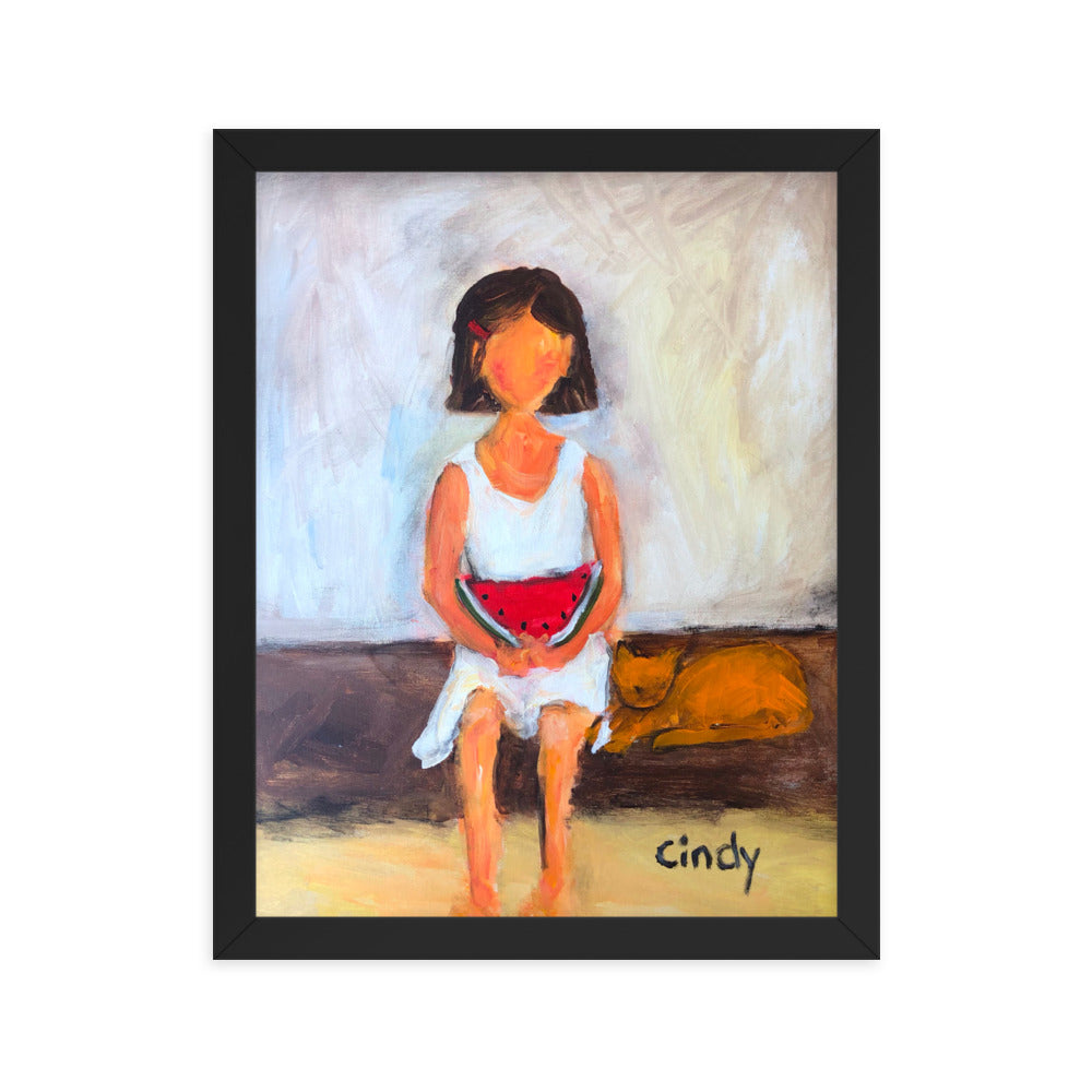 Girl with Watermelon By Cindy Motley Framed poster