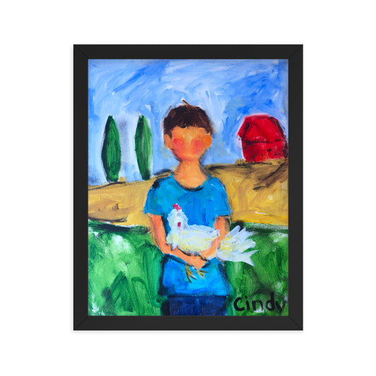 Boy with Chicken By Cindy Motley Framed poster