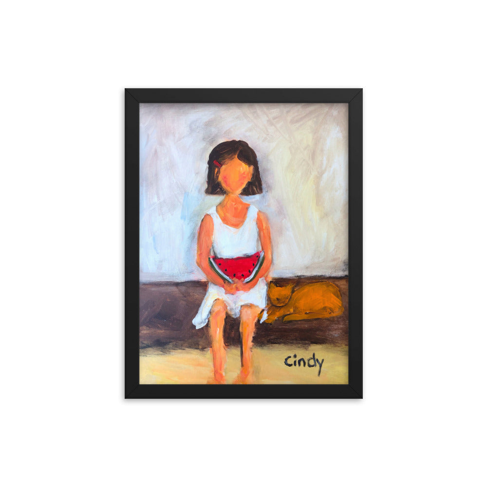 Girl with Watermelon By Cindy Motley Framed poster