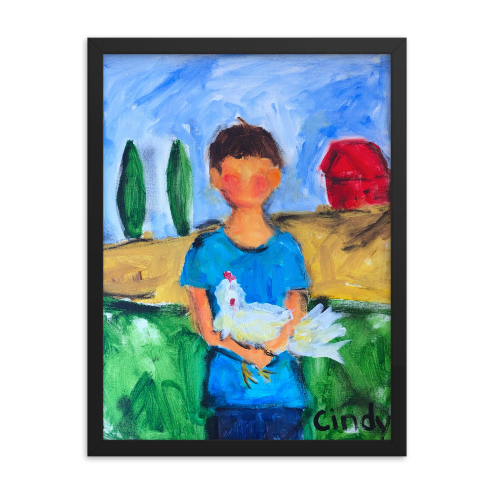 Boy with Chicken By Cindy Motley Framed poster