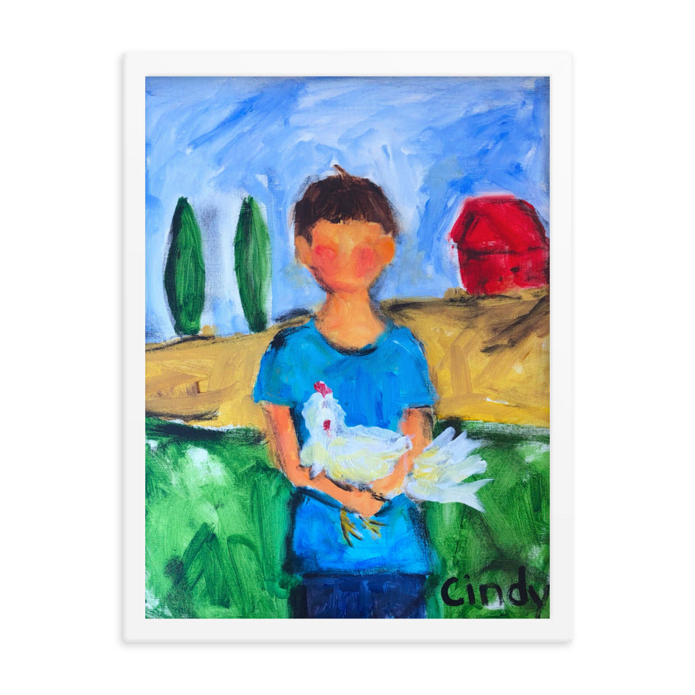Boy with Chicken By Cindy Motley Framed poster